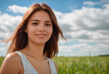 Portrait of a beautiful young woman in the field on a sunny day