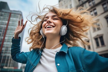 Happy woman listening to music on headphones