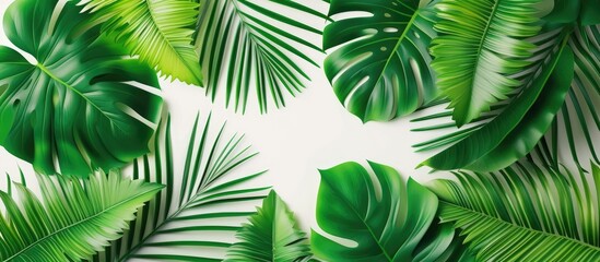 A cluster of tropical green leaves arranged on a white background. The leaves are lush, vibrant green, with intricate patterns and textures. The top-down view highlights the natural beauty of the