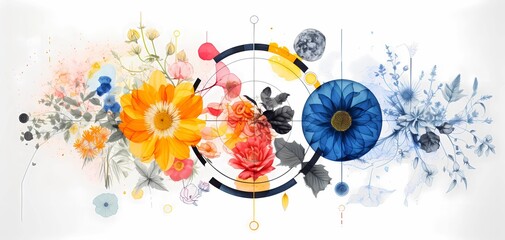 Symmetrical composition of watercolor flowers and esoteric symbols. Design from flowers and planets for banners, invitations, prints. combination of watercolor leaves, planets and geometric elements