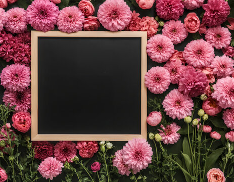 A blank blackboard surrounded by pink flowers. Frame with space for text or images. Suitable for announcements or events. 