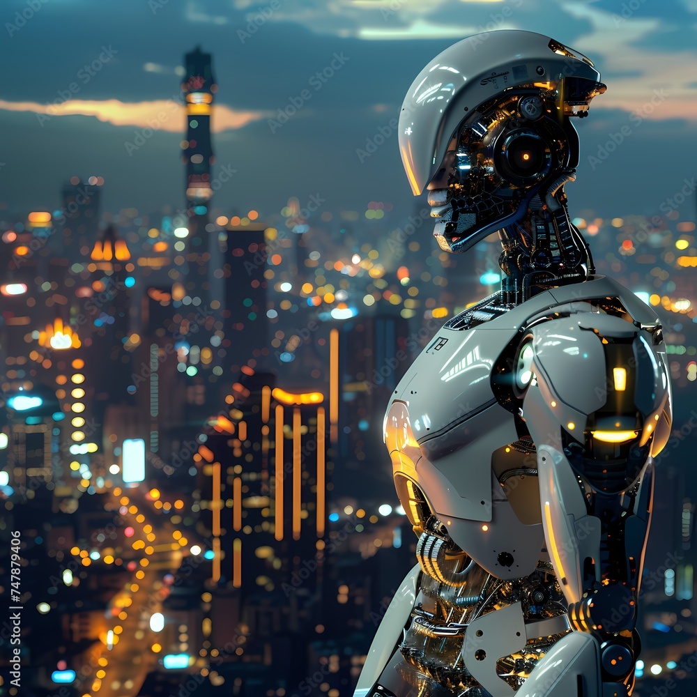 Poster a robot gazes out over a city at twilight, its form a stark silhouette against the sparkling urban l