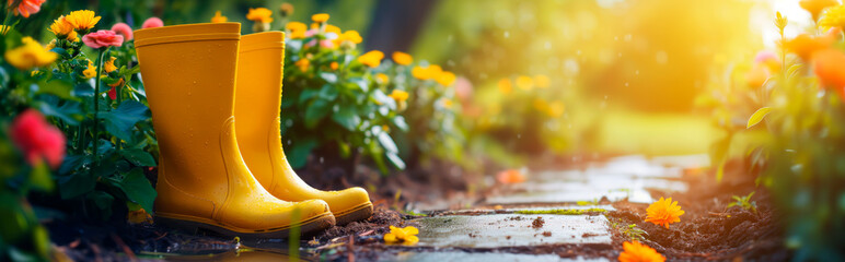 Yellow rubber boots on garden path, surrounded by flowers, spring morning light.