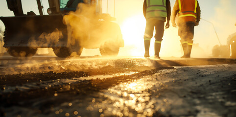 Construction workers and steamroller at sunset, roadworkers laying new asphalt. Shallow field of view.