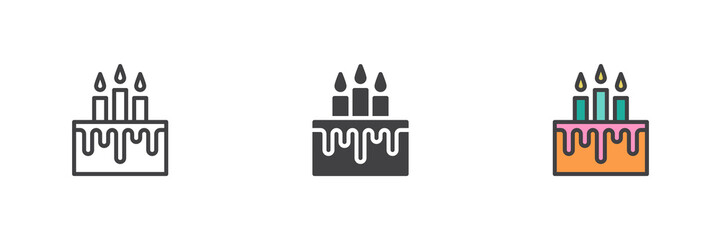 Birthday cake with three candles different style icon set