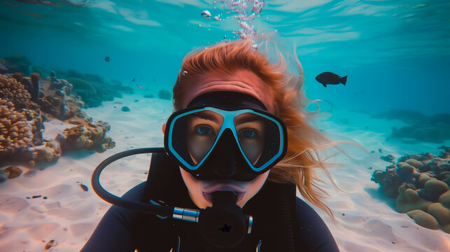 Female diver underwater with coral reef, clear visibility, adventurous scuba diving.