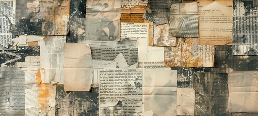 Textured collage of mixed vintage papers with varying degrees of wear and tear. Concept for backgrounds, storytelling, or artistic layering, featuring diverse paper elements and print details.