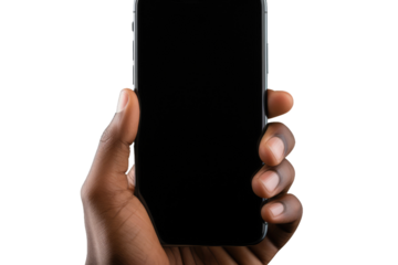 A person is seen holding a cell phone in their hand, their fingers gripping the device tightly. The screen of the phone is illuminated, suggesting they are actively using it.