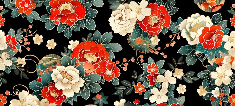 Floral kimono fabric pattern on a black background. The design features a rich array of red and cream blossoms with gold accents, ideal for elegant textile design or decorative arts.