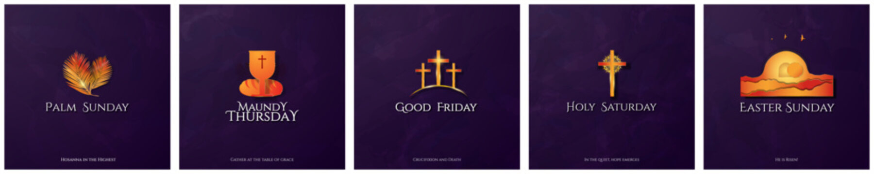 Blue and Gold Holy Week Icon Set. Palm Sunday, Maundy Thursday, Good Friday, Holy Saturday, Easter Sunday. Simple Lent Greeting Cards for holy week. Vector Illustration. 