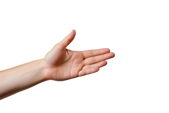 A close up shot of a persons hand reaching upwards towards the sky in a gesture of stretching or yearning. The fingers are outstretched, with the palm facing skyward against a clear blue background.
