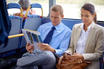 Business people, man and woman in bus or public transport for travel and commute outdoors against...