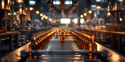 Beer Bottling Line in Factory,Beer Bottling Machinery at Work in Factory,Craft Beer Bottling Line in Production Facility - obrazy, fototapety, plakaty