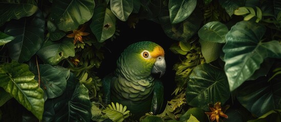 A vibrant green parrot, identified as the Yellow-billed Amazon Parrot Amazona collaria, is perched in the midst of lush green leaves, showcasing its lively and attractive features. - obrazy, fototapety, plakaty