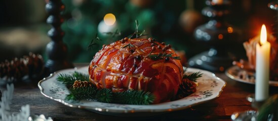 A plate of baked ham adorned with spruce twigs sits on an old, rustic table surrounded by glowing candles. The warm, inviting scene is perfect for a festive holiday meal.