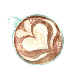 Fototapeta premium Blue cup of coffee with latte art watercolor illustration isolated on white background. Flat illustration.