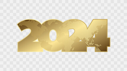 2024 year golden symbol with world map contour. Gold gradient isolated illustration on transparent background. Vector sign for web design, business, finance, presentation, infographic element - 747880273