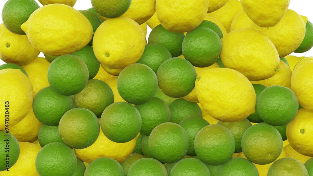 Aufkleber realistic 3d animation of the fresh ripe lemons and limes falling from the top filling up the volume