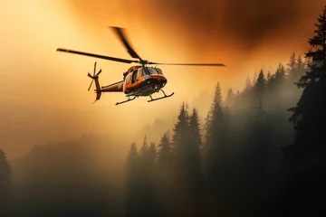 Zelfklevend Fotobehang a helicopter flying over trees © Victor