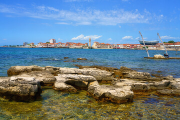 Scenic view of the Umag old town, Adriatic seacoast, Istria, Croatia. Summer landscape with...