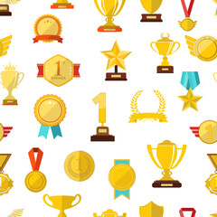 Sports trophies and awards in flat design style seamless background vector illustration