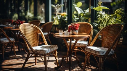 Brown wooden table and chairs around it. Fashionable stylish interior of a summer outdoor cafe.