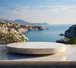 Round stand for displaying goods made of white stone. Against the background of the blue sea and rocks.