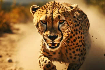 Fotobehang a cheetah running on a dirt road © Victor