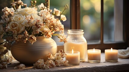 White burning candles on the windowsill next to a bouquet of fresh flowers. Romantic and calm atmosphere.