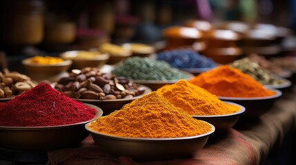 Fragrant bright multi-colored spices of Asian cuisine lie on a wooden table. Theme of aromatic seasonings from around the world. - obrazy, fototapety, plakaty