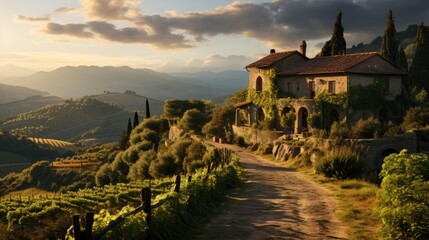 Scenic View of Vineyard in Hilly Landscape