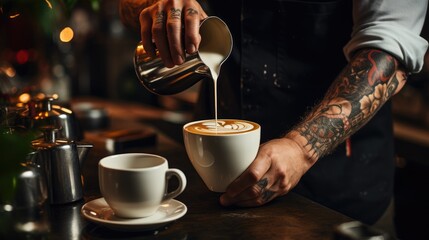 Fototapeta na wymiar Male barista pours cappuccino into a white ceramic cup.