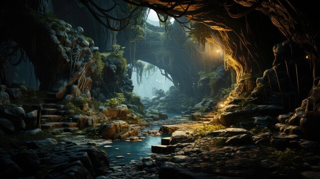A picturesque cave in the mountains, covered with moss and lichens. Mysterious world in the rocks.
