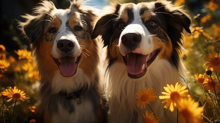 Two dogs, one brown and one white, stand in a vibrant field of flowers.
