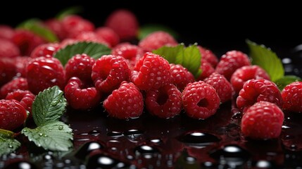 Juicy appetizing red raspberries on a dark background. Ripe fresh healthy berry. The topic of...