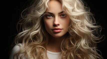 Obraz premium Woman With Long Blonde Hair Standing in Front of Black Background