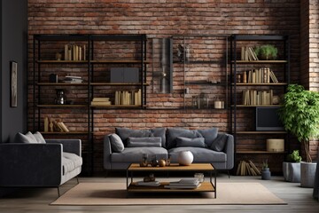 a living room with a brick wall and couches