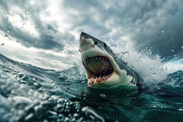 Fototapeta premium Great White Shark Breaching the Ocean Surface