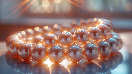 Closeup illustration of the pearl necklace placed on reflecting horizontal surface, shining under the sunlight