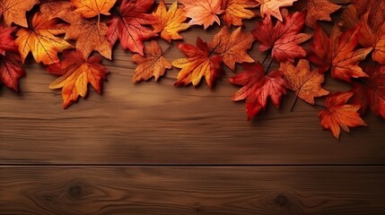 Naklejka na ściany i meble A Row of Autumn Leaves on a Wooden Background