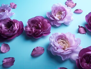 Burgundy and pink flowers with petals lie on a blue background.