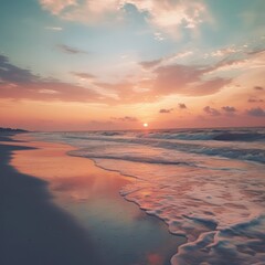 Fototapeta na wymiar Powerful waves crash on the sandy shore of a beautiful beach at sunset.