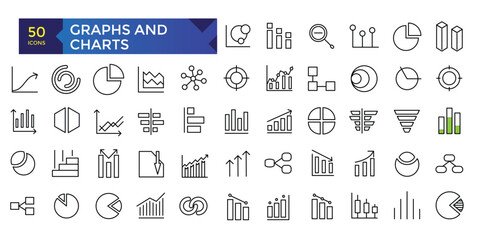 Charts and graphs related vector icons for your design. Graphics and statistics icons set. Collection of simple linear web icons, line charts