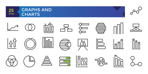 Charts and graphs related vector icons for your design. Graphics and statistics icons set. Collection of simple linear web icons, line charts