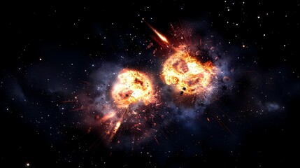 A spectacular display of two stars colliding, their fiery aftermath painting the cosmos with a brilliant dance of destruction and creation. AI Generative