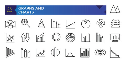 Charts and graphs related vector icons for your design. Graphics and statistics icons set. Collection of simple linear web icons, line charts