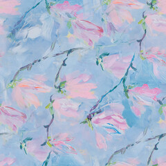 Seamless pattern of flowers with pink blue and orange background. Pink flowers background. illustration of acrylic textured abstract art textile flower design