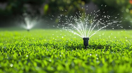 Active sprinkler system irrigating vibrant green lawn.