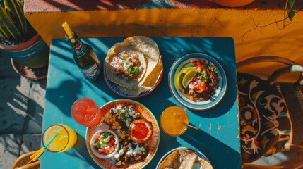 Colorful mexican feast on a vibrant table setting with various dishes and drinks under sunlight