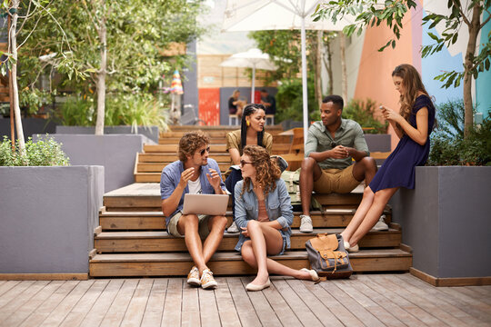 Students, talking and laptop or relax on break, campus and browse on social media for update. People, diversity and technology at university for online research and cellphone to scroll or networking